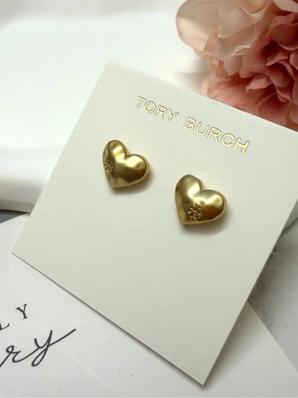 Tory Burch Gold Heart Stud Earrings with Logo Detail